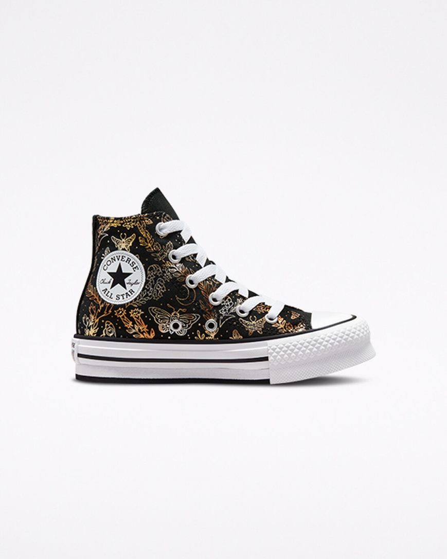 Topanky Na Platforme Converse Chuck Taylor All Star EVA Lift Butterfly Shine Vysoke Dievcenske Čierne Zlate Biele | SK BOQNR9